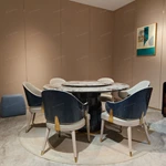 High-Gloss Lacquered Wood Veneer Round Dining Table with Rotating Tray and Fluted Pedesta